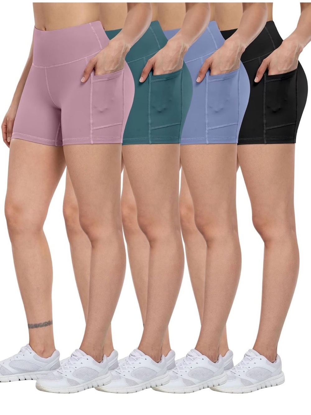 High-Waist Pocket Workout Shorts - 5”. 4-Pack (Mauve, Teal, Periwinkle, Black